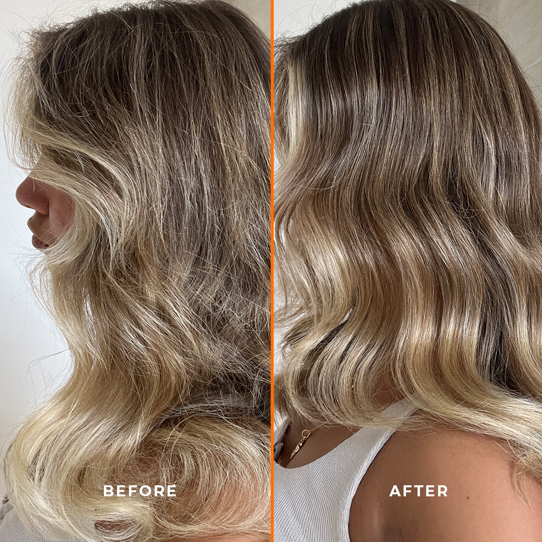 Real customer showing before and after the hair perfume. Before she has frizzy hair and the after shows it smoothed and glossy