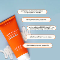 A list of the benefits of the Crown Boost Conditioner shown on a blue background that lists: Gloss, Shine, Moisture and strengthen