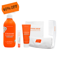 A set of Straand branded hair care products including Crown Cleanse Shampoo, Crown Boost Conditioner, Crown Fix Serum, Detangling Wide Tooth Shower Comb, and a Microfibre Hair Towel, with a '40% off' label on the top left corner.