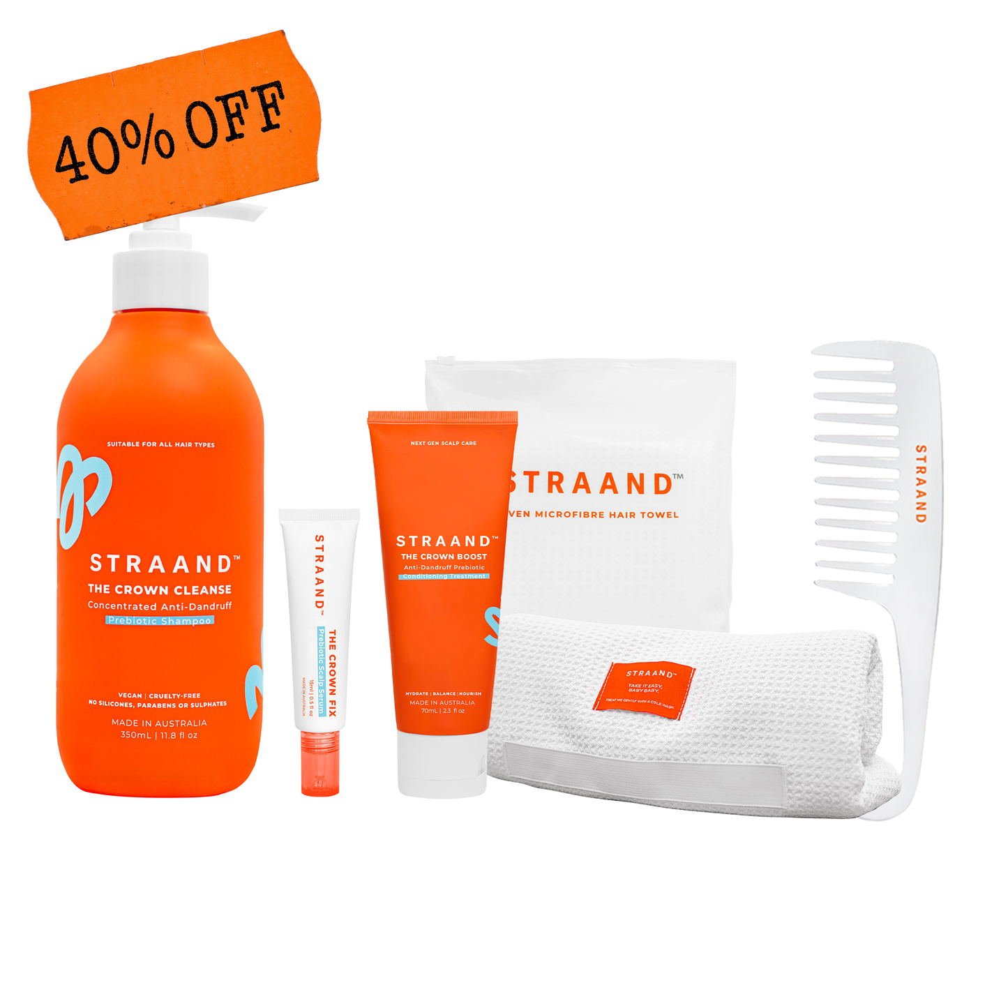 A set of Straand branded hair care products including Crown Cleanse Shampoo, Crown Boost Conditioner, Crown Fix Serum, Detangling Wide Tooth Shower Comb, and a Microfibre Hair Towel, with a '40% off' label on the top left corner.