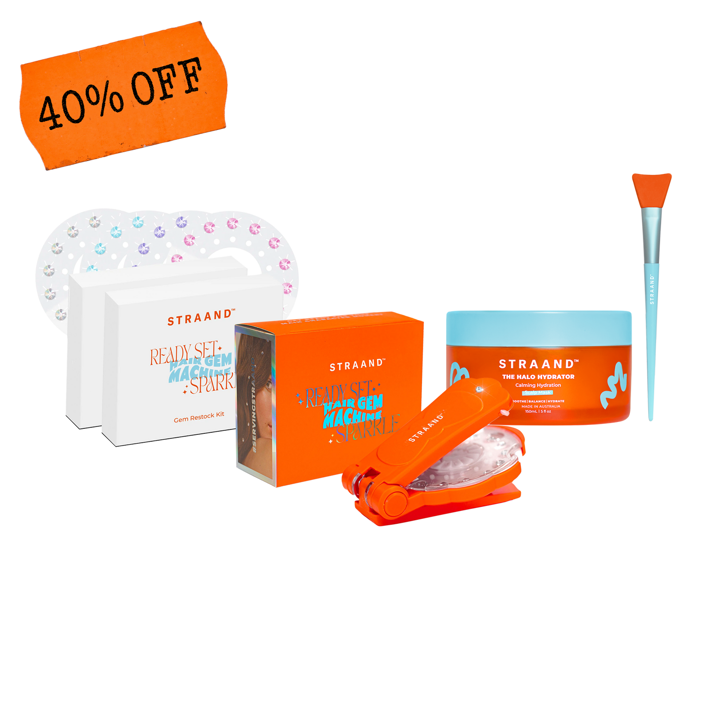 A promotional image featuring a hair gem machine, a calming hydration scalp mask, a silicone scalp mask applicator, and hair gem refill packs, with a '40% off' label.