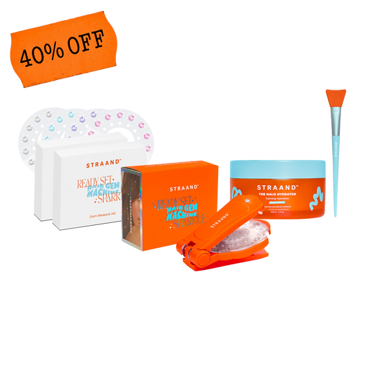 A promotional image featuring a hair gem machine, a calming hydration scalp mask, a silicone scalp mask applicator, and hair gem refill packs, with a '40% off' label.