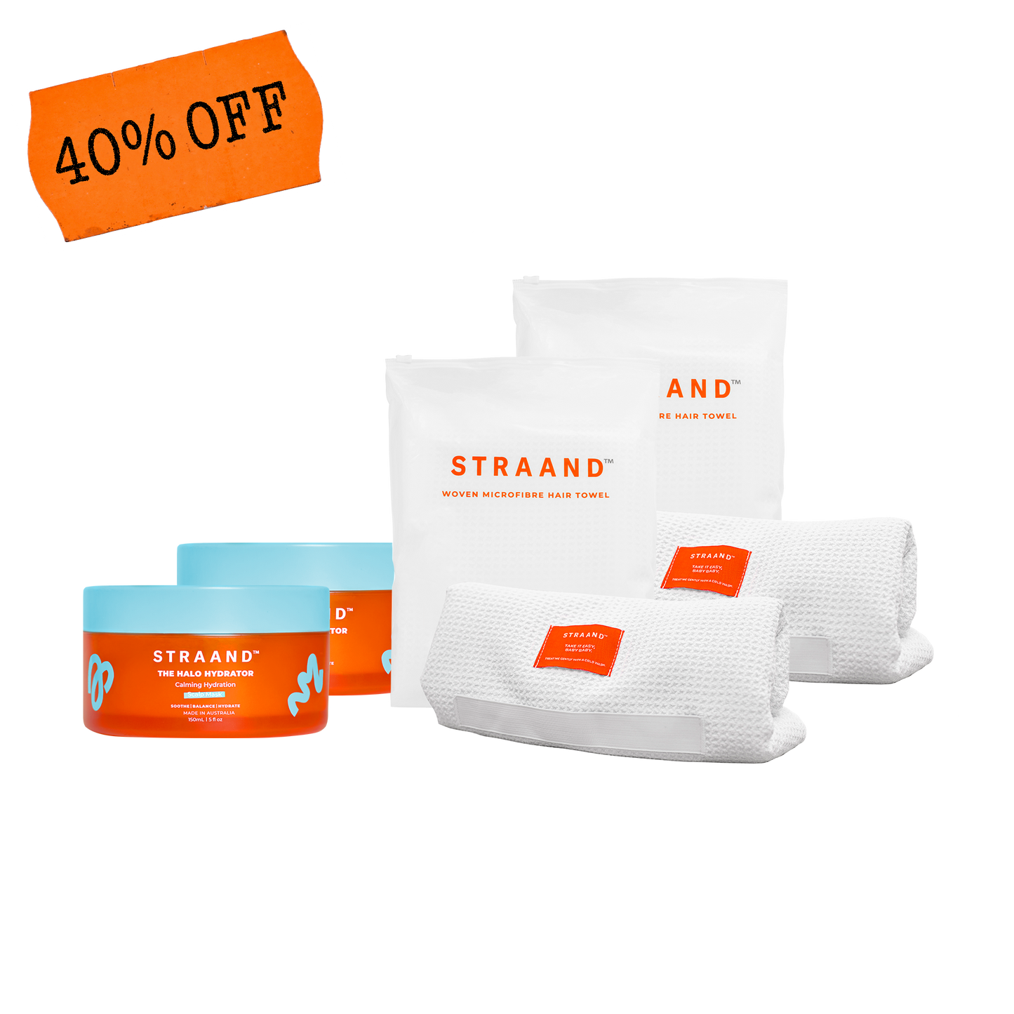 A promotional product bundle for hair and scalp that has a towel and treatment for two 