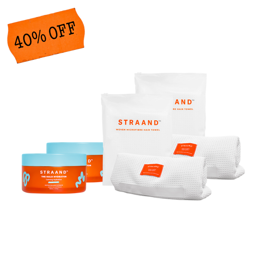 A promotional product bundle for hair and scalp that has a towel and treatment for two 