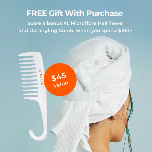 Promotional offer for a free XL Microfibre Hair Towel and Detangling Comb with a $45 value on a light blue background.