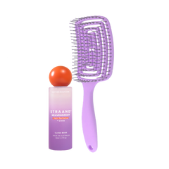 An image featuring a purple Mane Master Wet-To-Dry Detangler Brush alongside a bottle of HeavenScent Perfume + Gloss, indicating the Polished Perfection Duo product bundle.